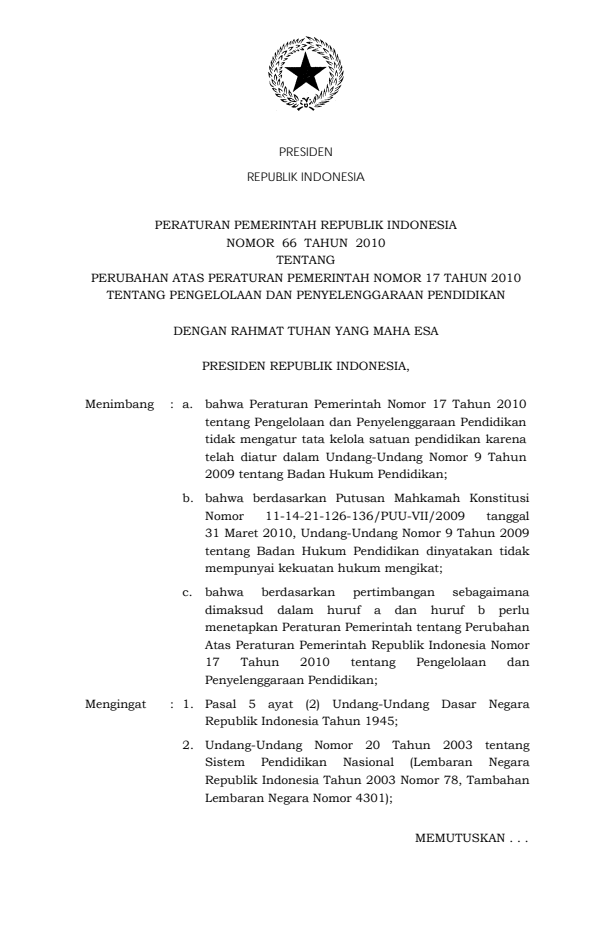 Peraturan Pemerintah Nomor 66 Tahun 2010