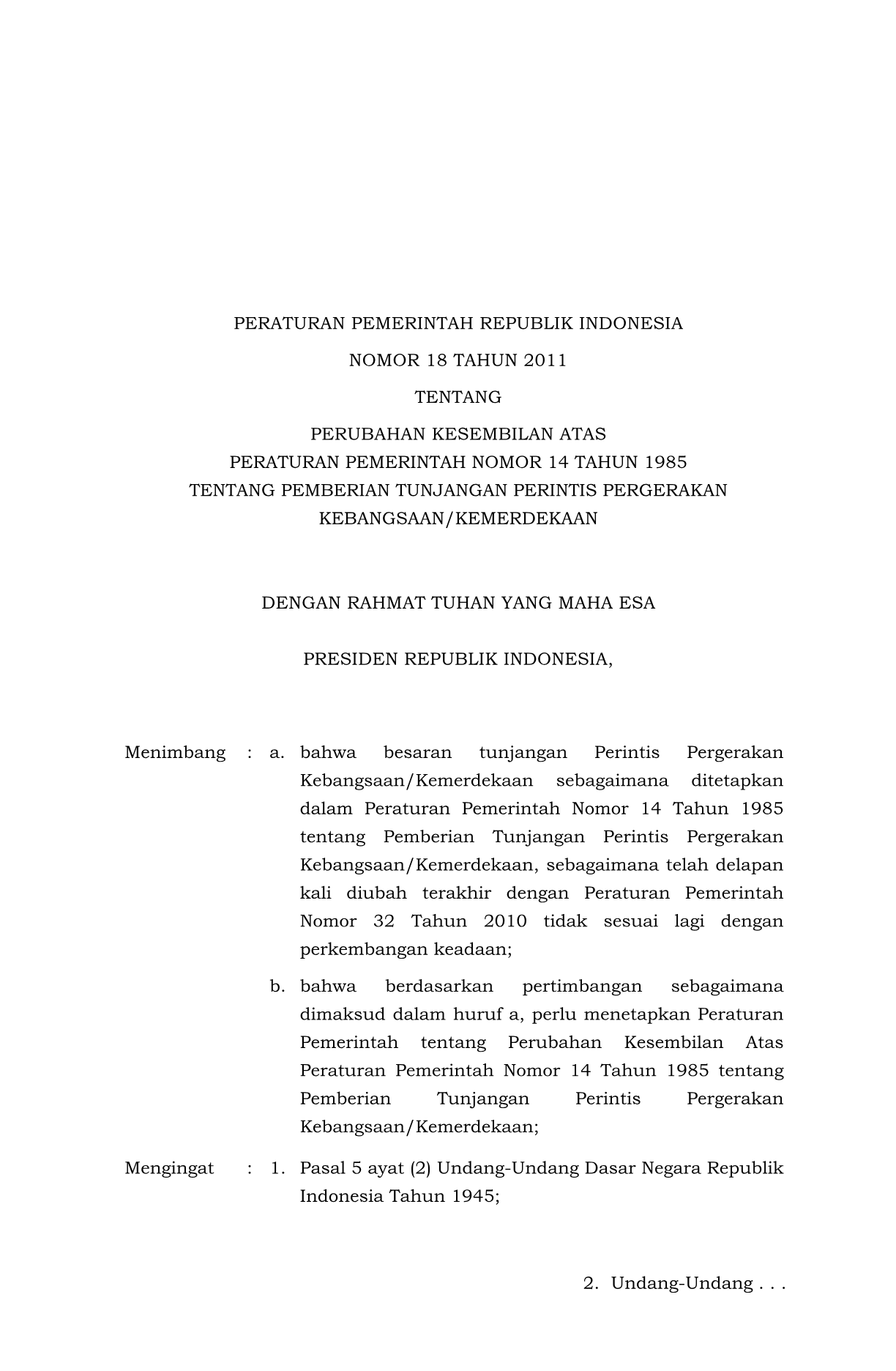 Peraturan Pemerintah Nomor 18 Tahun 2011