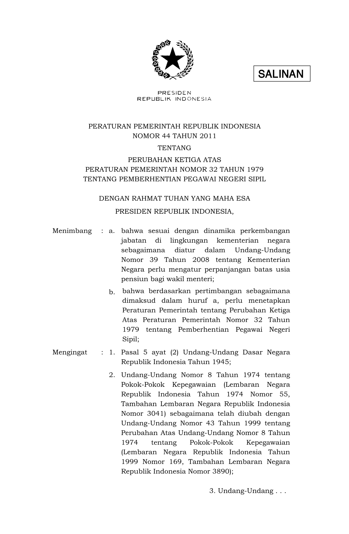 Peraturan Pemerintah Nomor 44 Tahun 2011