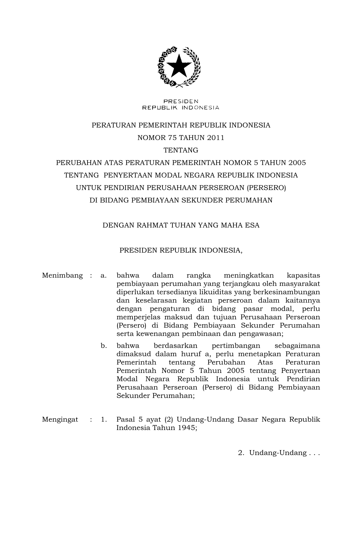 Peraturan Pemerintah Nomor 75 Tahun 2011