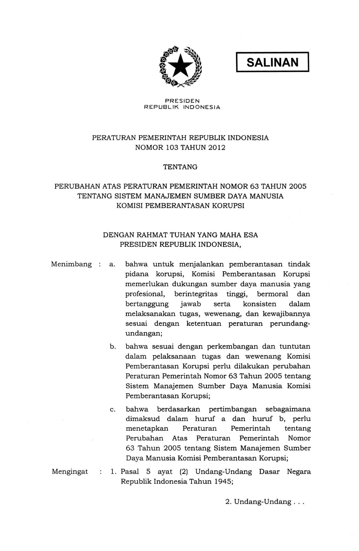 Peraturan Pemerintah Nomor 103 Tahun 2012
