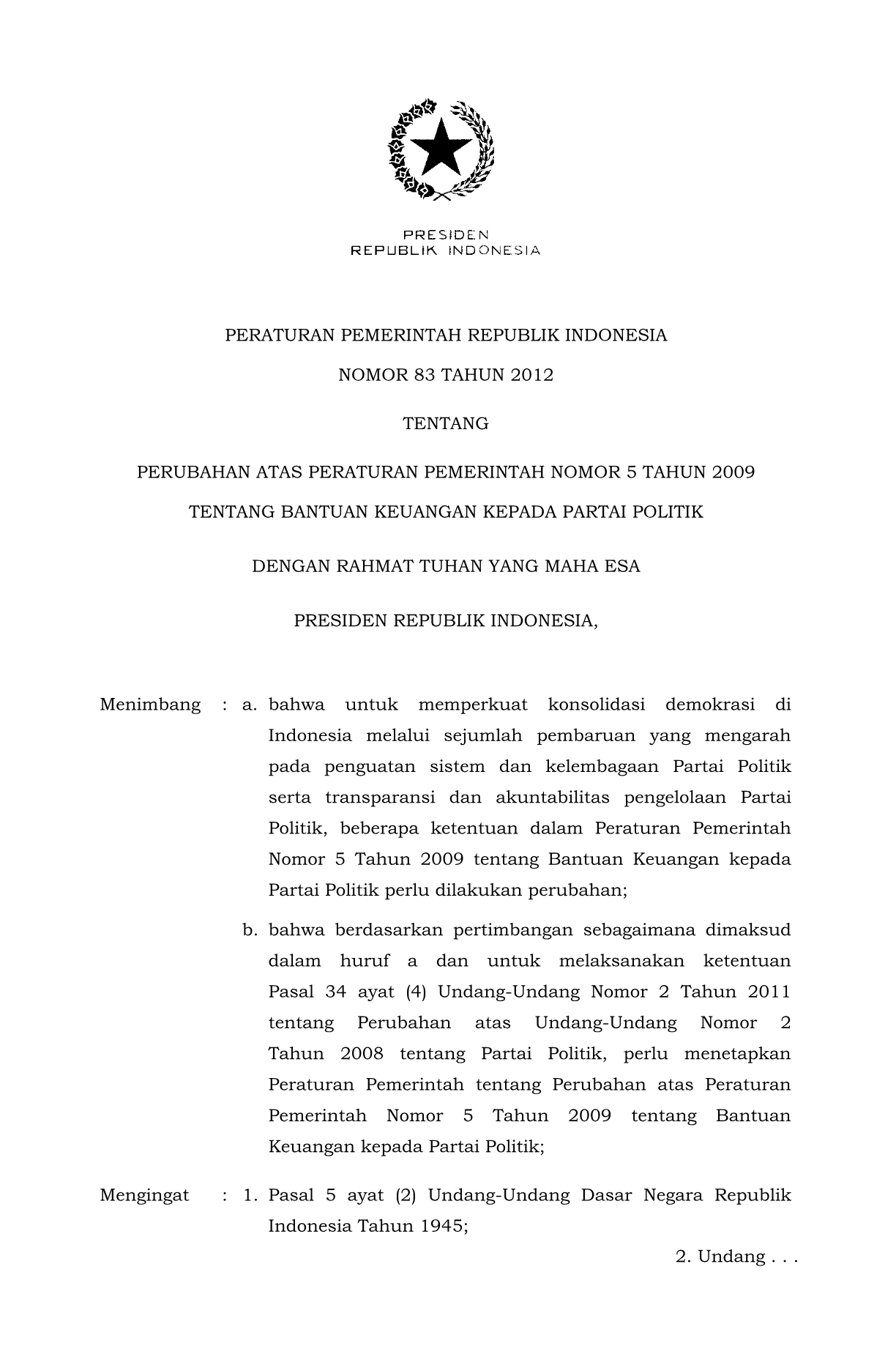 Peraturan Pemerintah Nomor 83 Tahun 2012