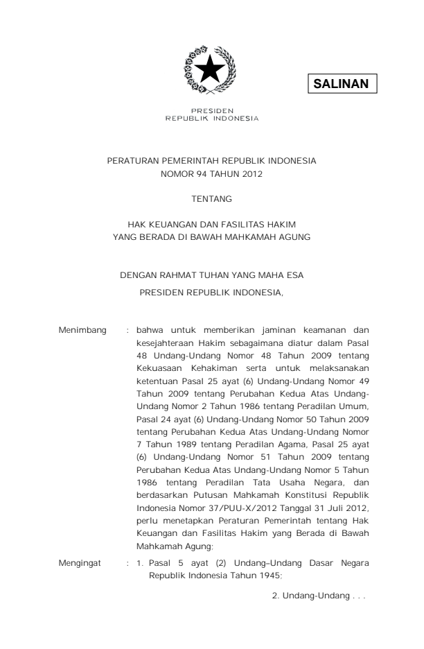 Peraturan Pemerintah Nomor 94 Tahun 2012
