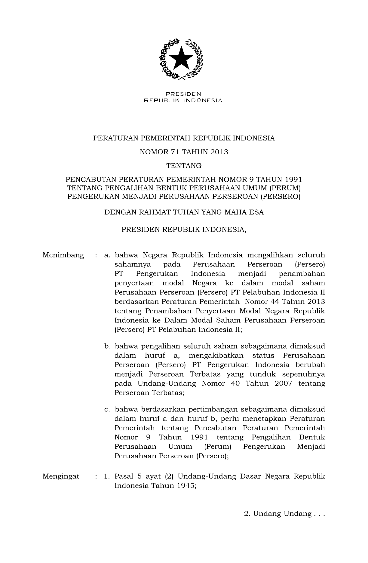 Peraturan Pemerintah Nomor 71 Tahun 2013