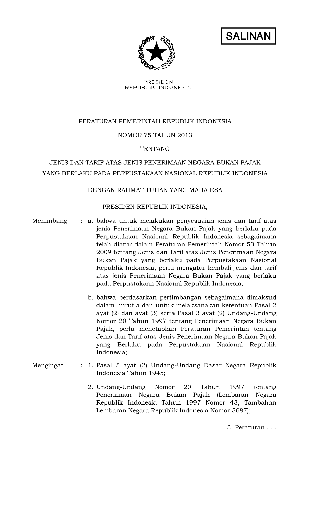Peraturan Pemerintah Nomor 75 Tahun 2013