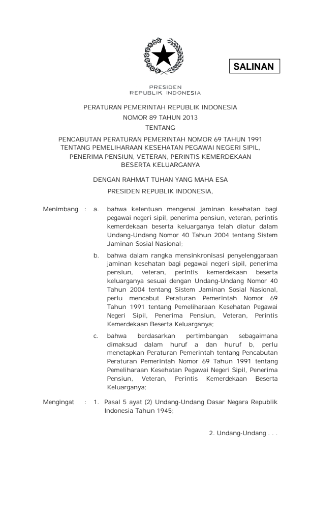 Peraturan Pemerintah Nomor 89 Tahun 2013