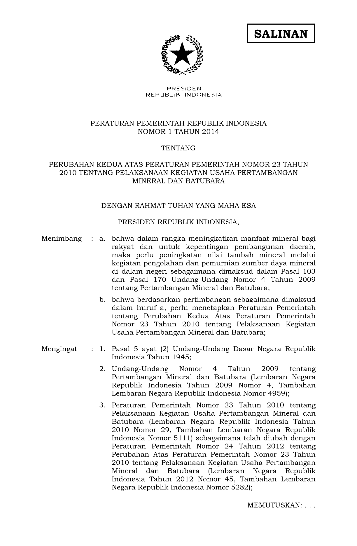 Peraturan Pemerintah Nomor 1 Tahun 2014