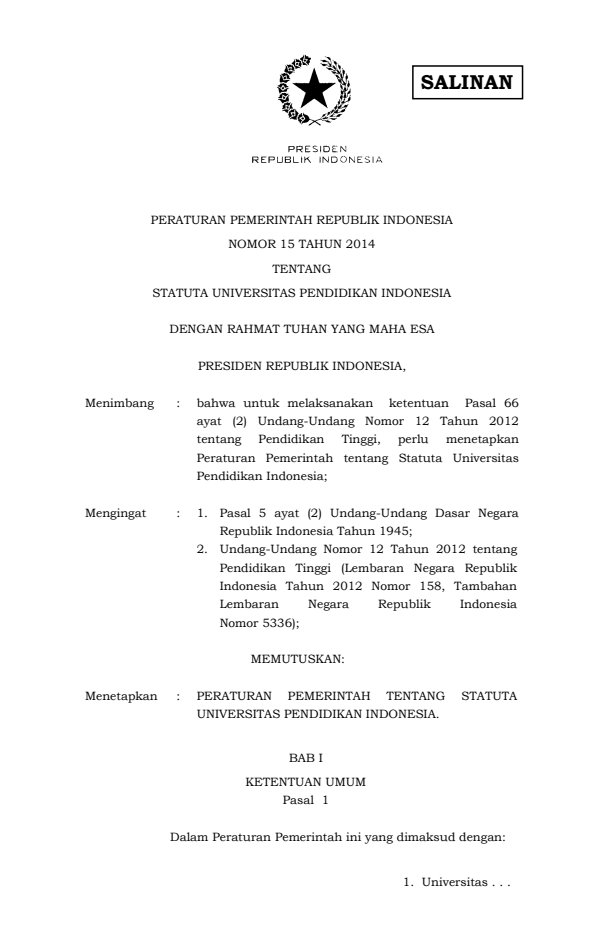 Peraturan Pemerintah Nomor 15 Tahun 2014