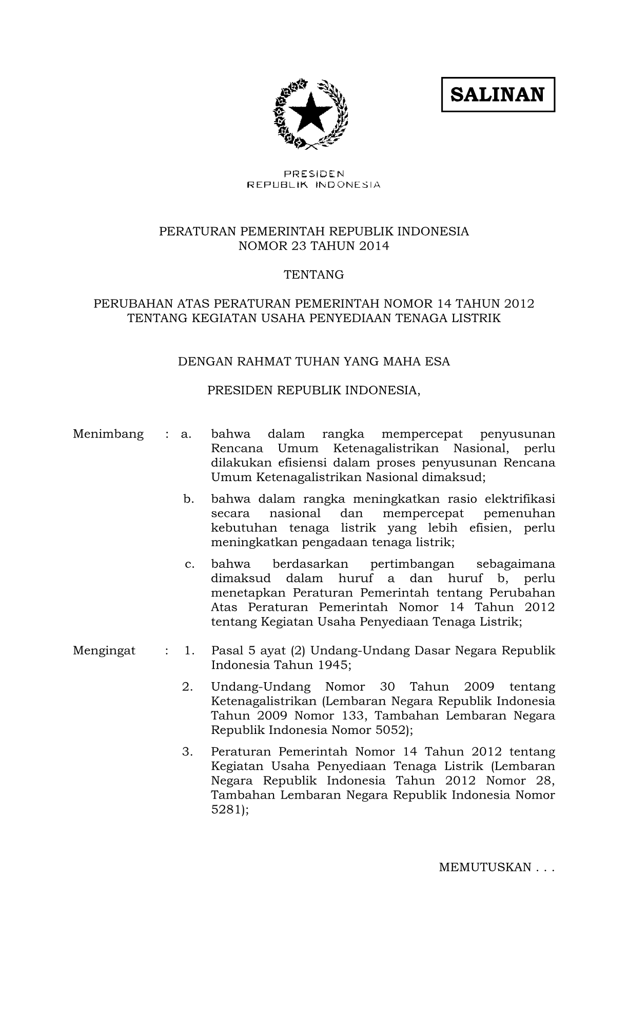Peraturan Pemerintah Nomor 23 Tahun 2014