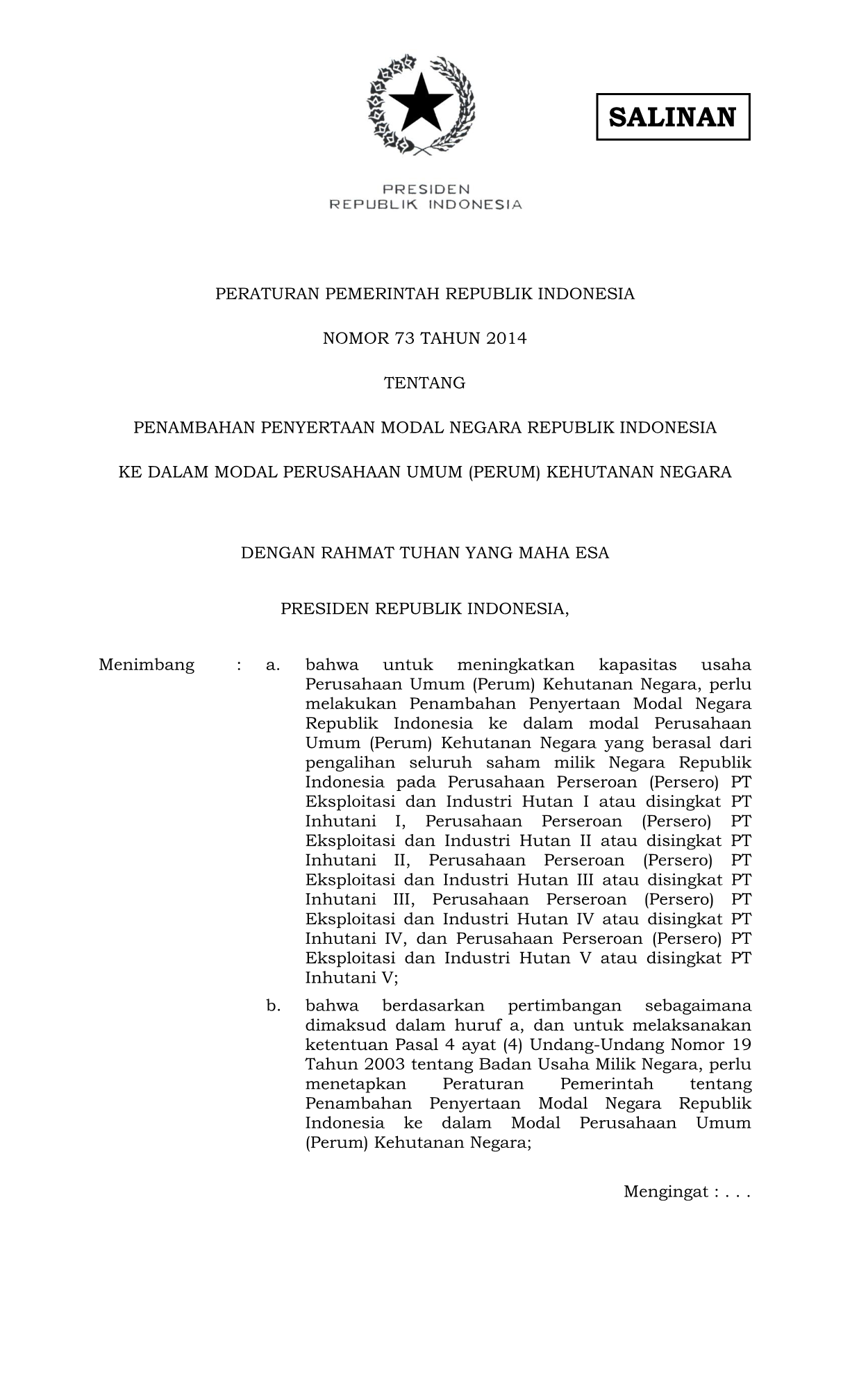 Peraturan Pemerintah Nomor 73 Tahun 2014