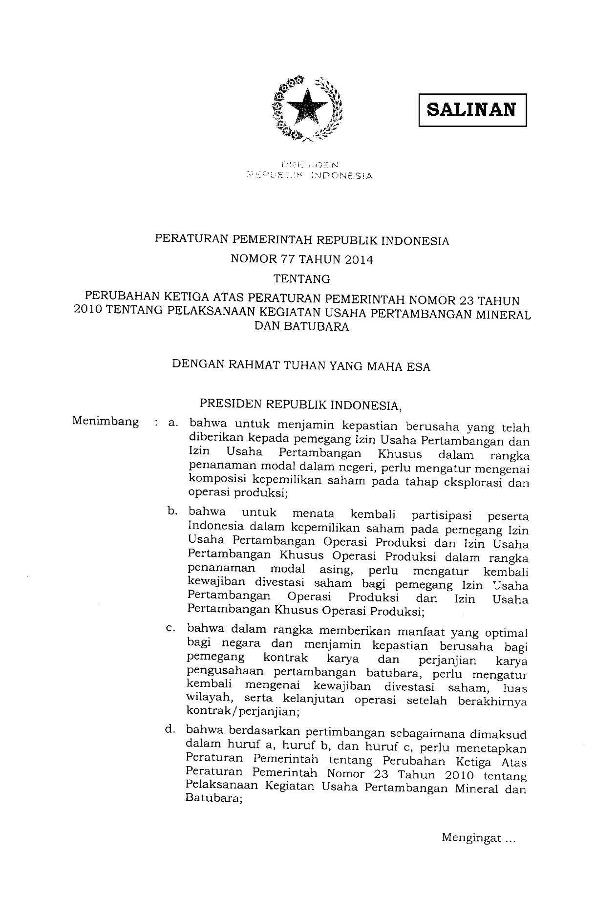 Peraturan Pemerintah Nomor 77 Tahun 2014
