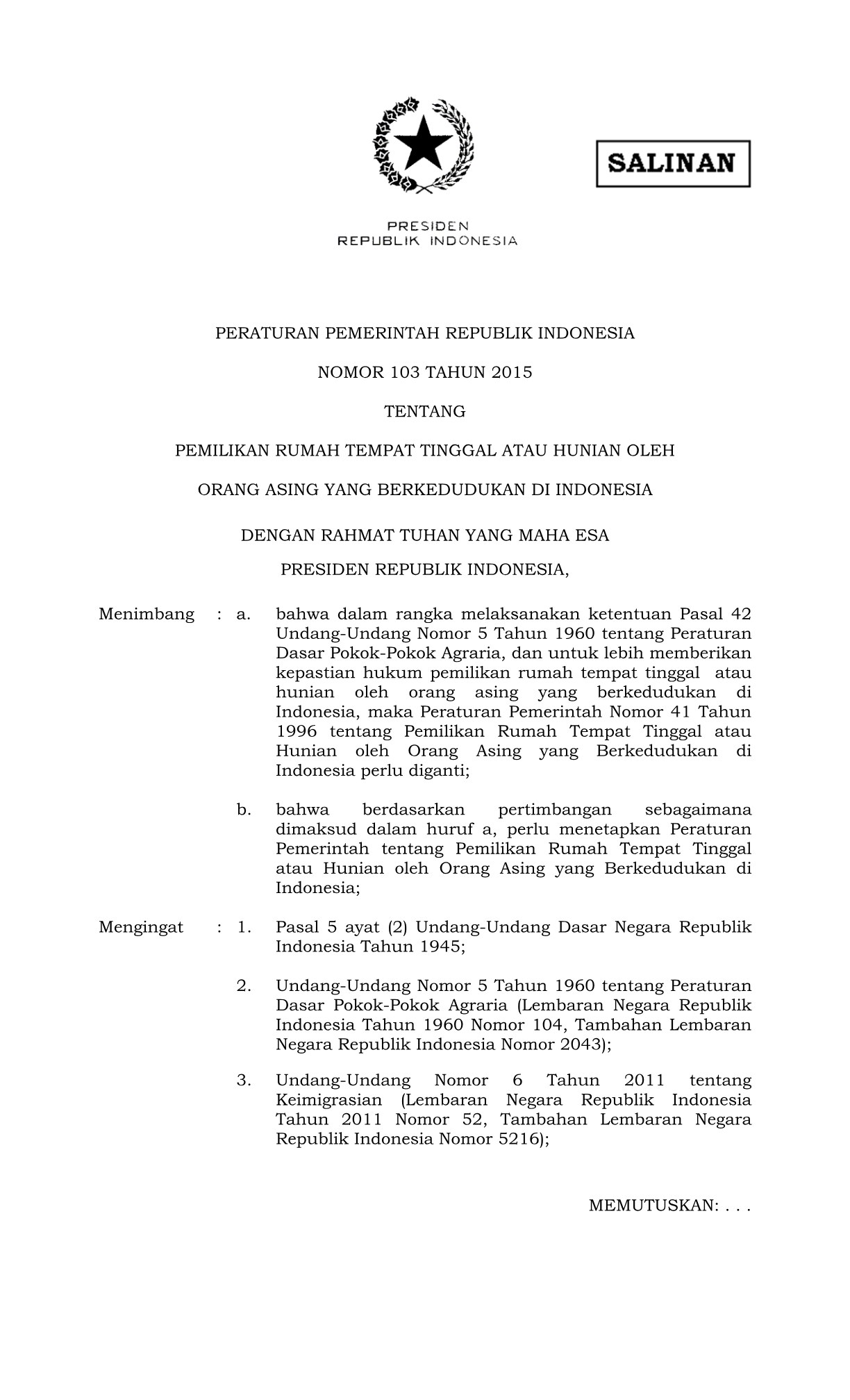 Peraturan Pemerintah Nomor 103 Tahun 2015