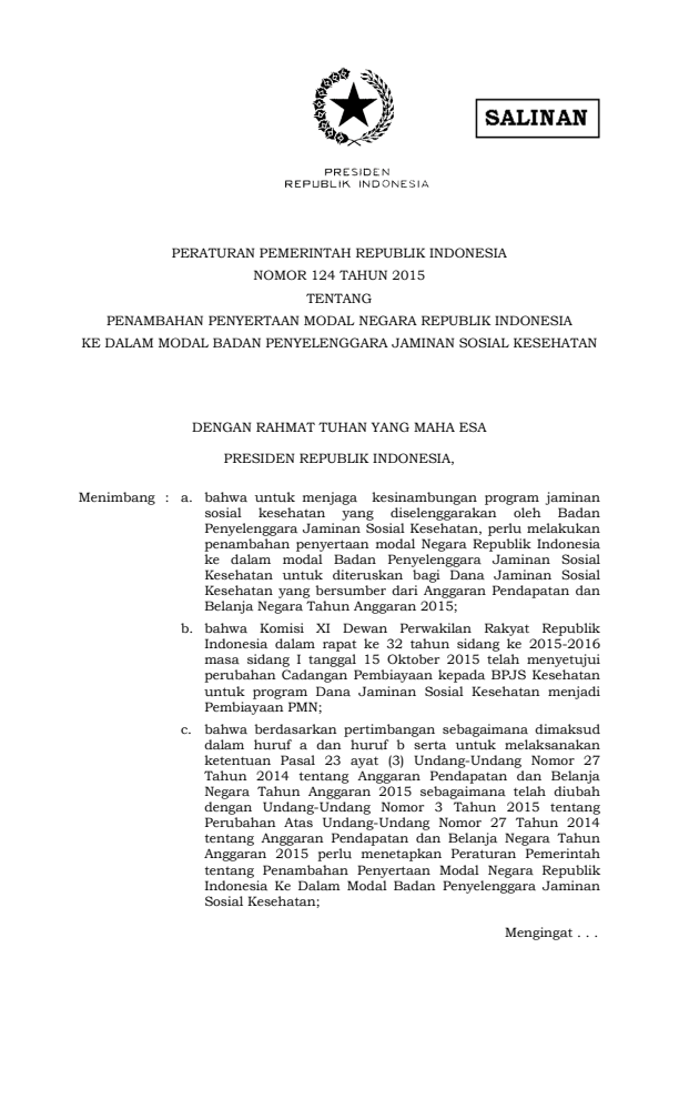 Peraturan Pemerintah Nomor 124 Tahun 2015