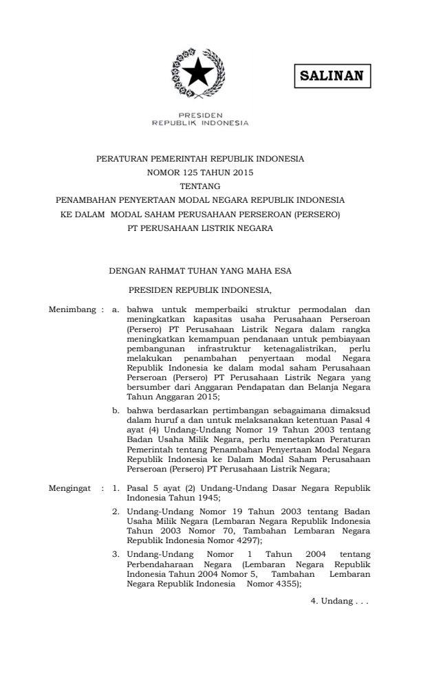 Peraturan Pemerintah Nomor 125 Tahun 2015