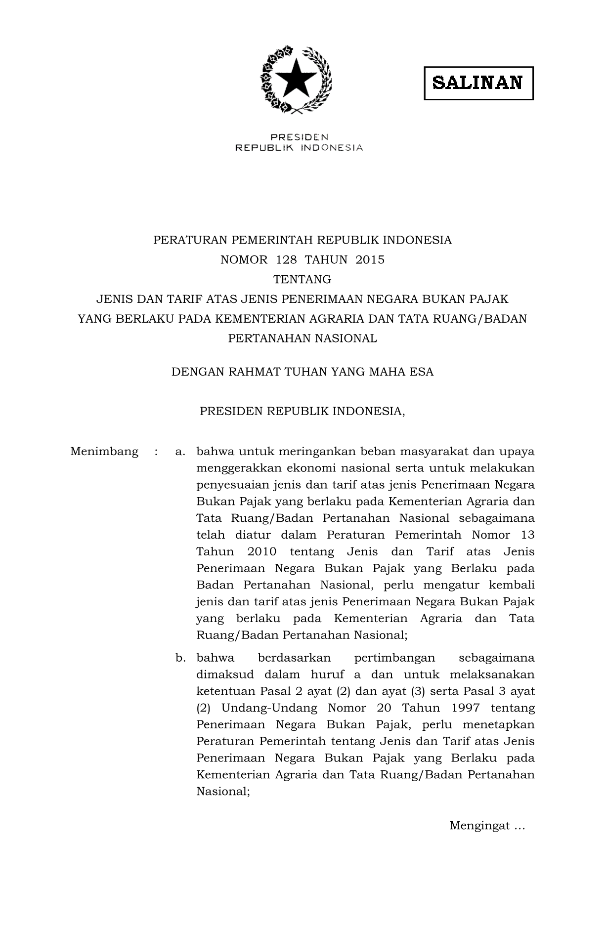 Peraturan Pemerintah Nomor 128 Tahun 2015