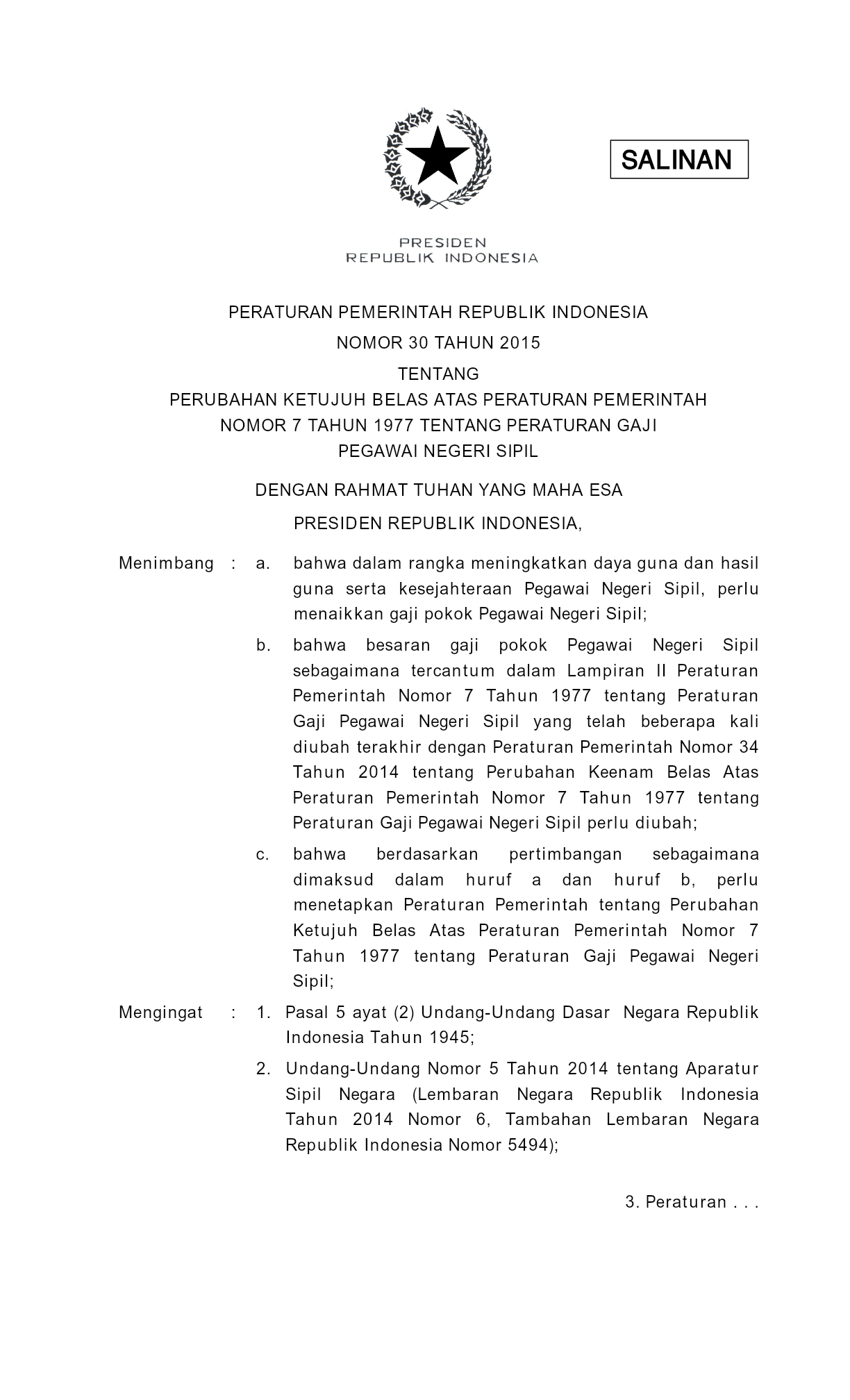 Peraturan Pemerintah Nomor 30 Tahun 2015
