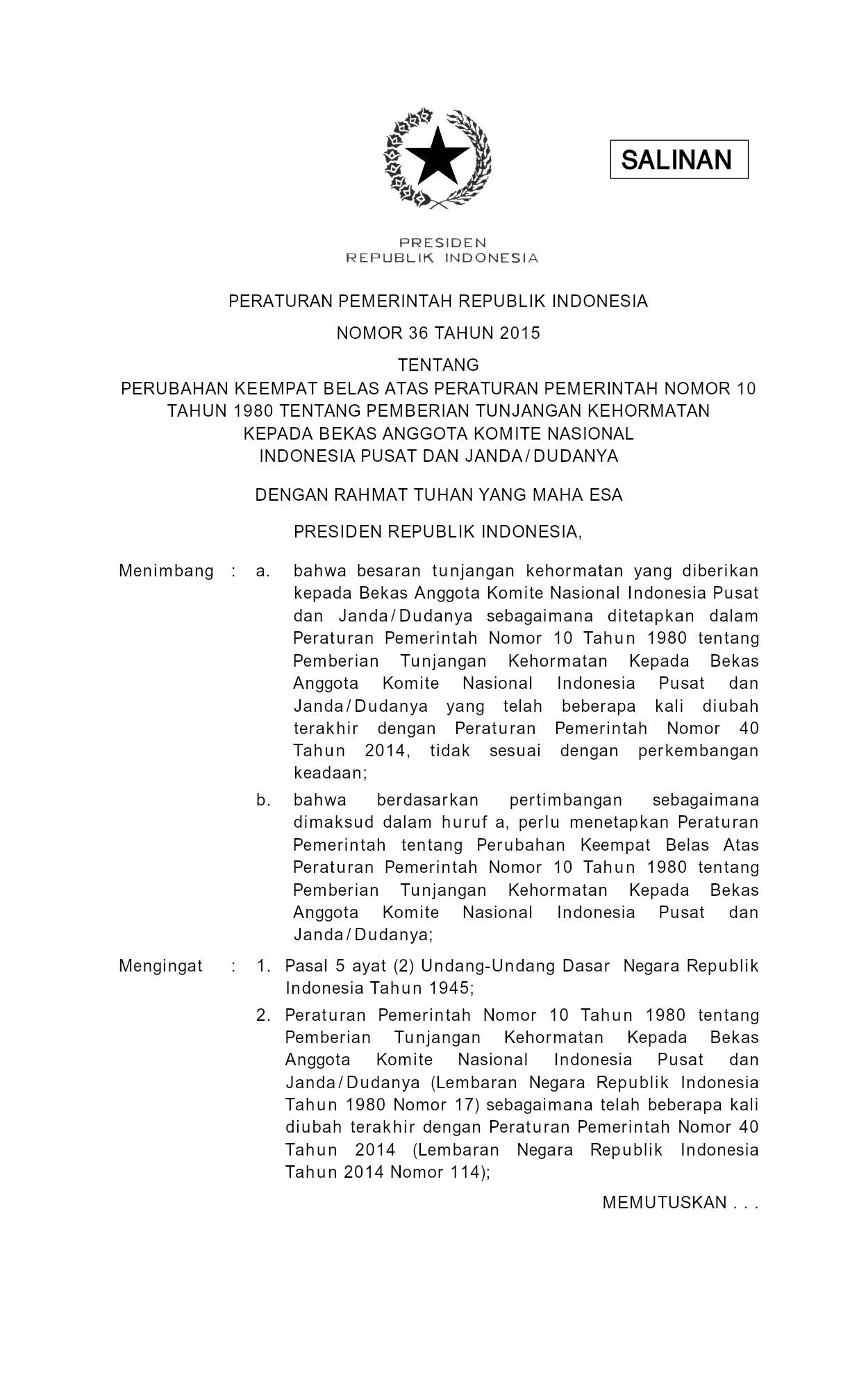 Peraturan Pemerintah Nomor 36 Tahun 2015