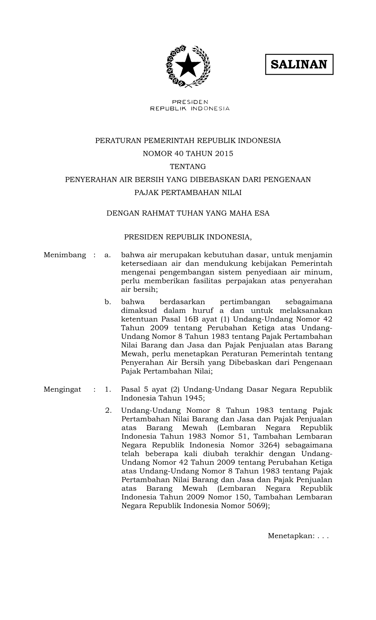 Peraturan Pemerintah Nomor 40 Tahun 2015