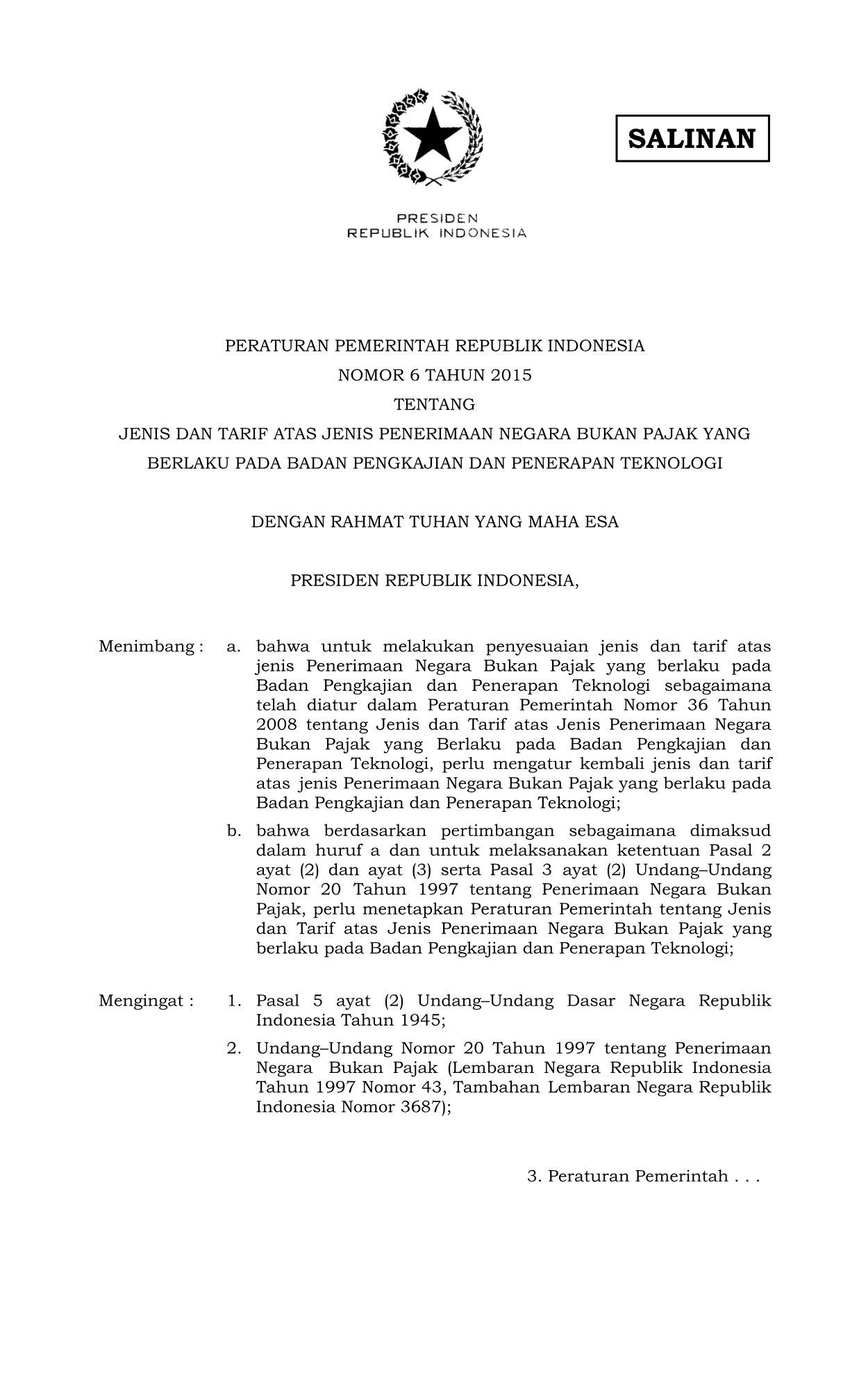 Peraturan Pemerintah Nomor 6 Tahun 2015