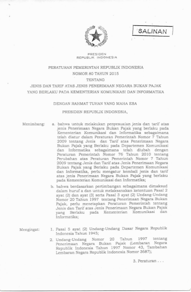Peraturan Pemerintah Nomor 80 Tahun 2015