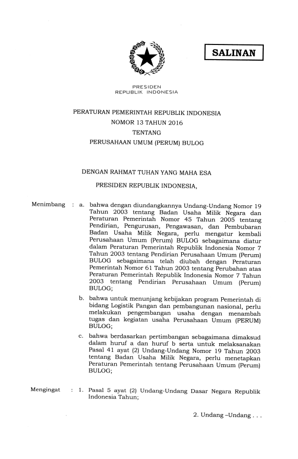 Peraturan Pemerintah Nomor 13 Tahun 2016