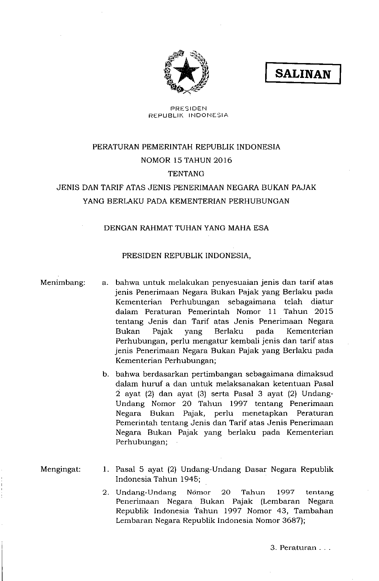 Peraturan Pemerintah Nomor 15 Tahun 2016
