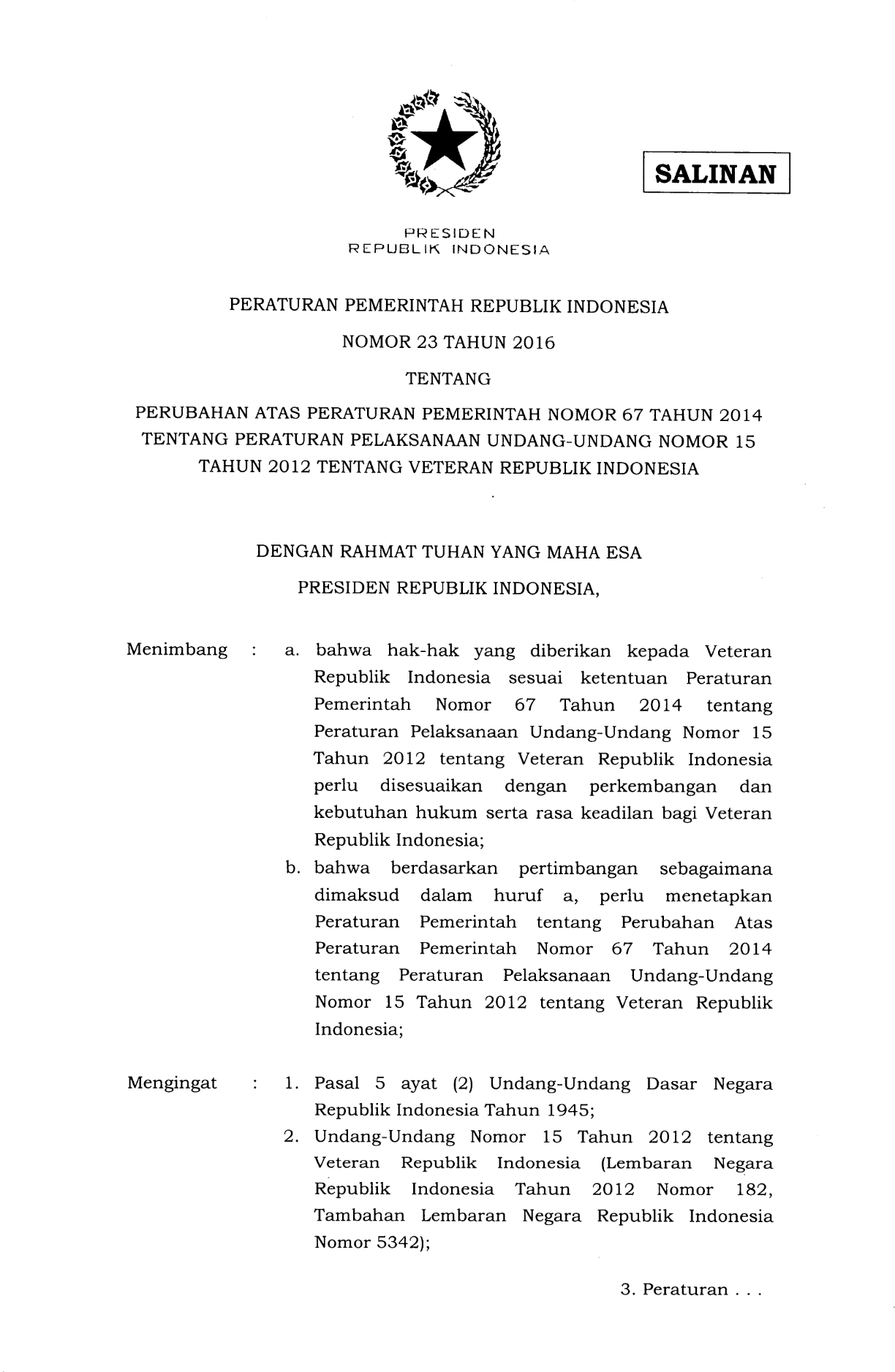 Peraturan Pemerintah Nomor 23 Tahun 2016