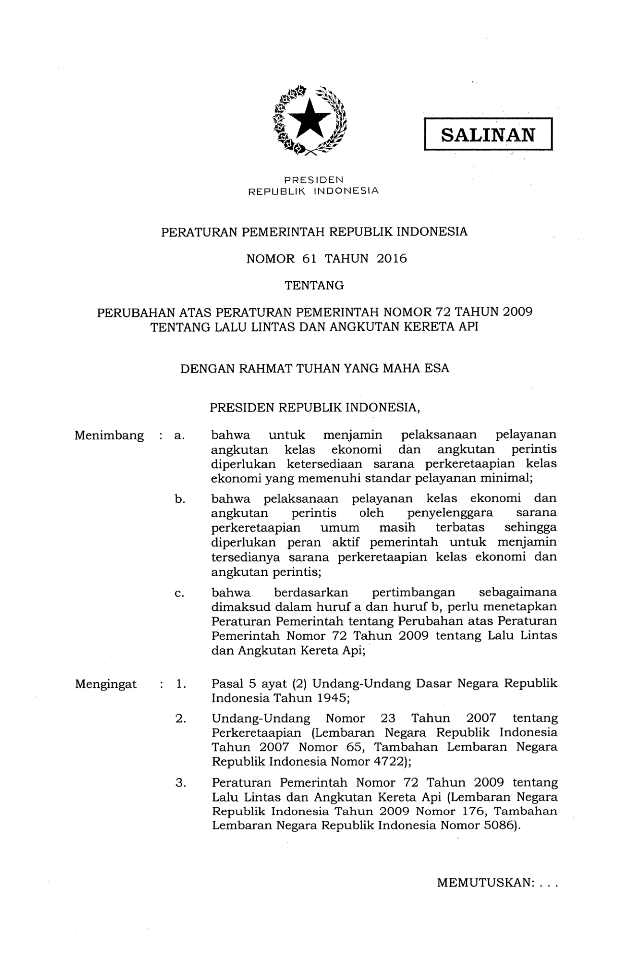 Peraturan Pemerintah Nomor 61 Tahun 2016