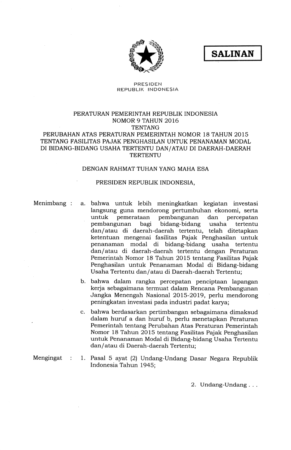 Peraturan Pemerintah Nomor 9 Tahun 2016