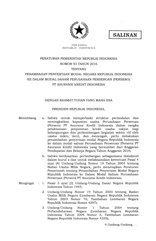 Peraturan Pemerintah Nomor 93 Tahun 2016