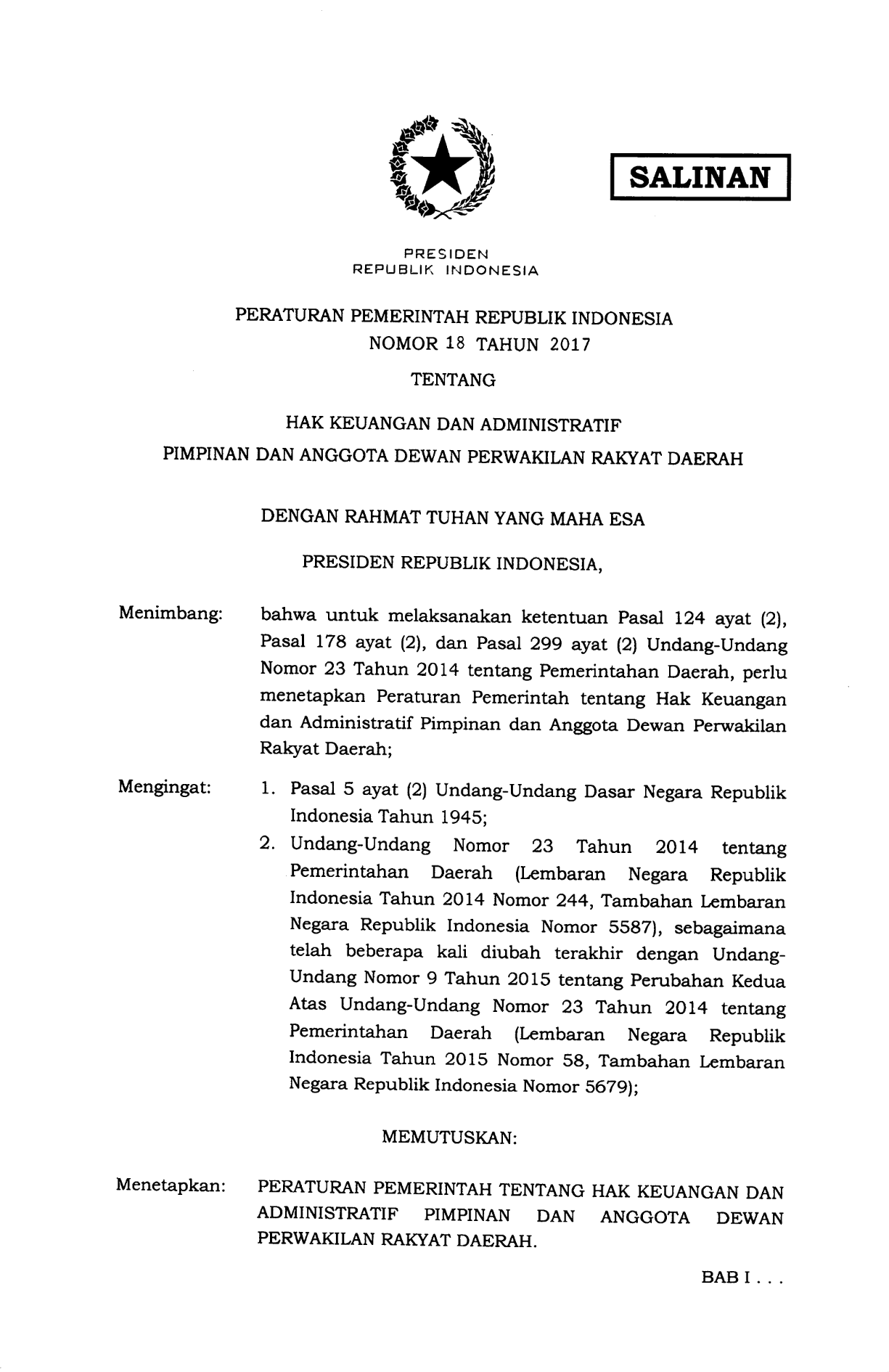 Peraturan Pemerintah Nomor 18 Tahun 2017