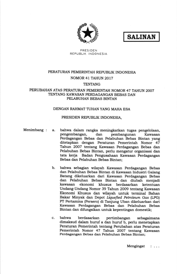Peraturan Pemerintah Nomor 41 Tahun 2017