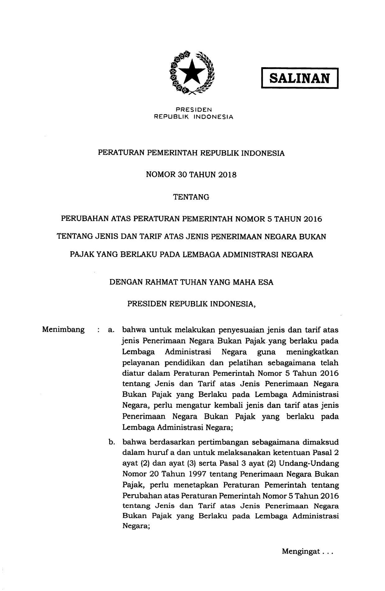 Peraturan Pemerintah Nomor 30 Tahun 2018