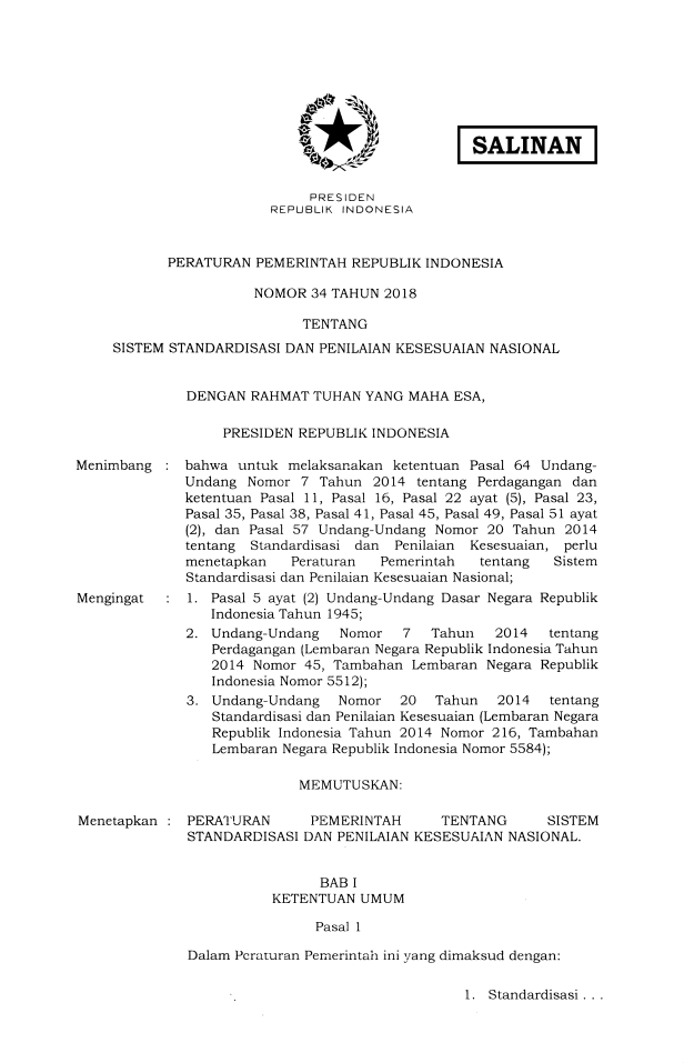 Peraturan Pemerintah Nomor 34 Tahun 2018
