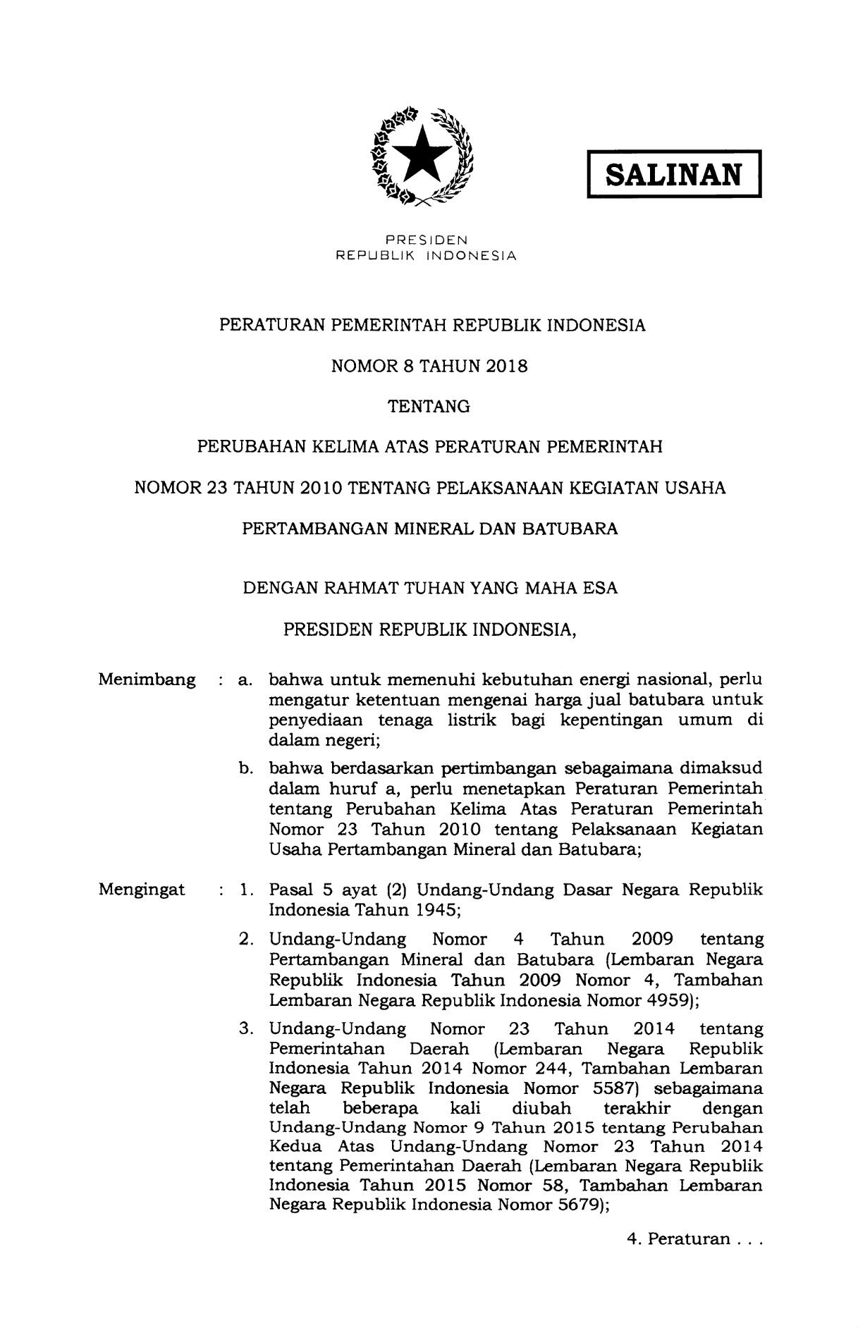Peraturan Pemerintah Nomor 8 Tahun 2018
