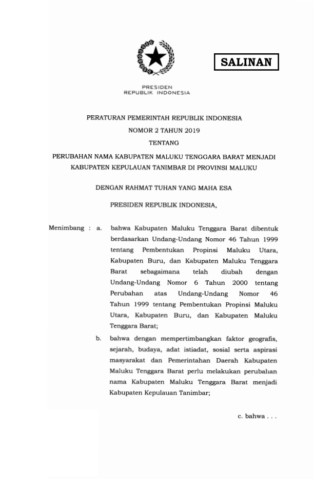 Peraturan Pemerintah Nomor 2 Tahun 2019