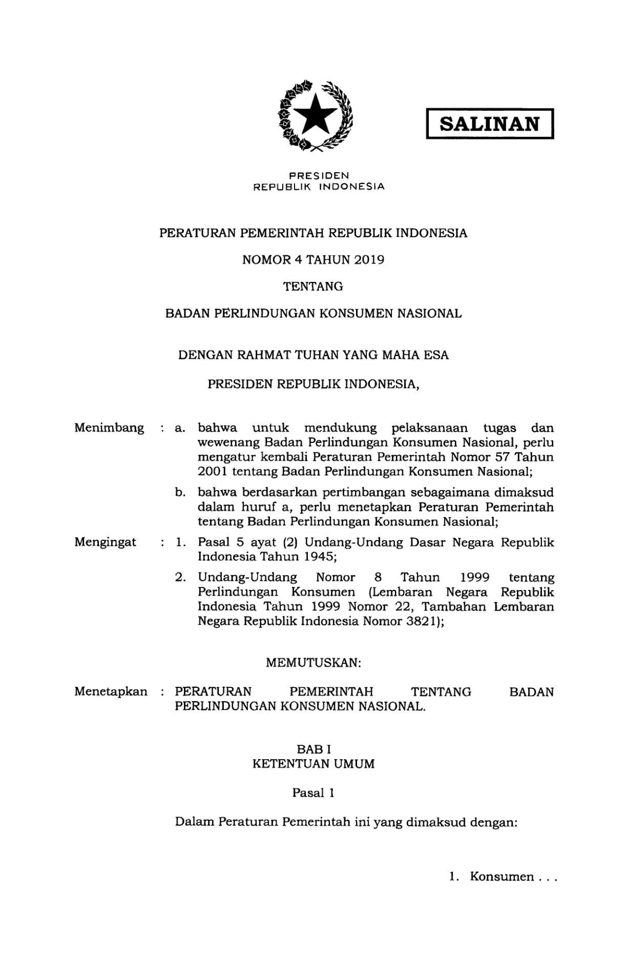 Peraturan Pemerintah Nomor 4 Tahun 2019