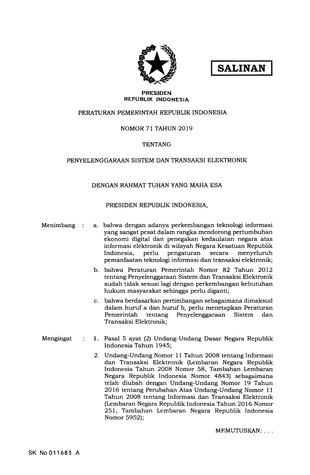 Peraturan Pemerintah Nomor 71 Tahun 2019