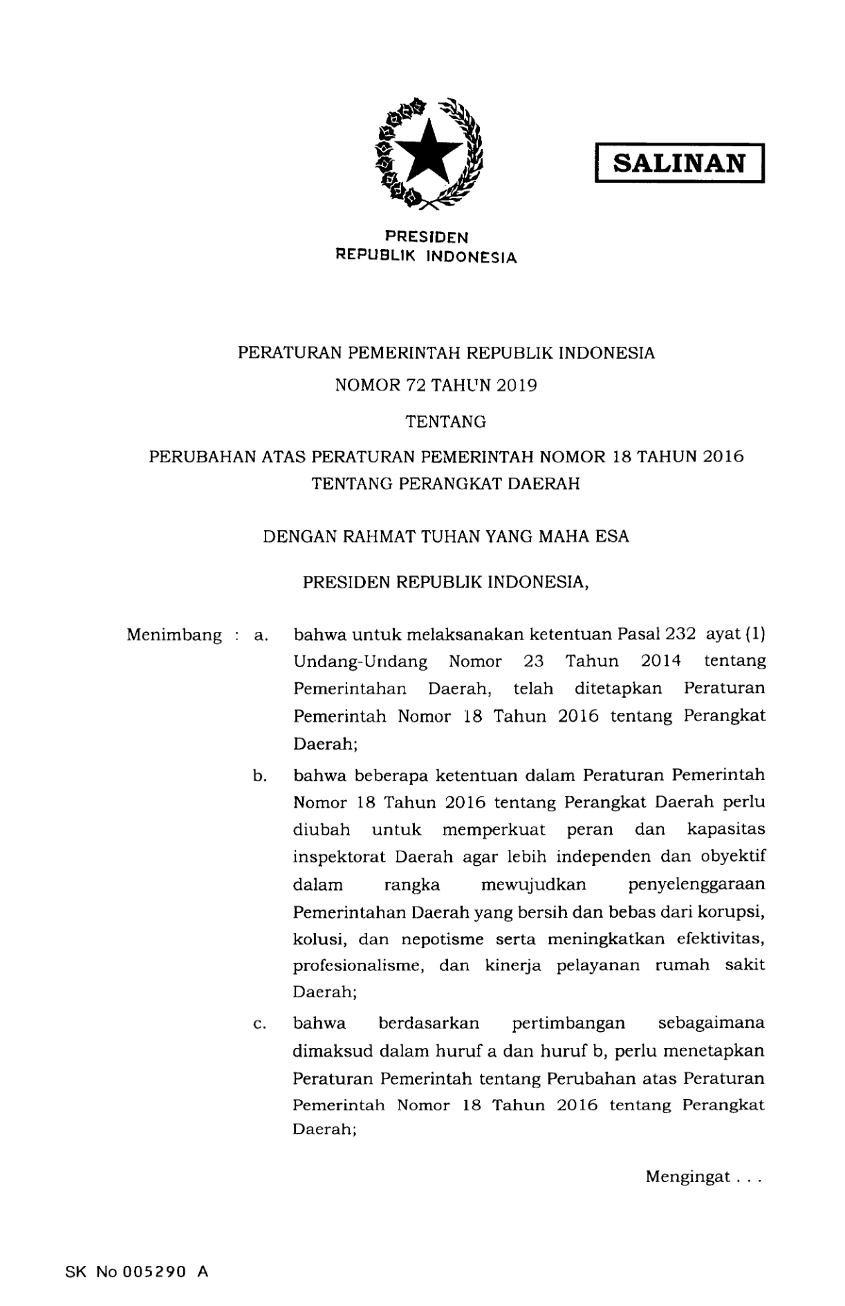Peraturan Pemerintah Nomor 72 Tahun 2019