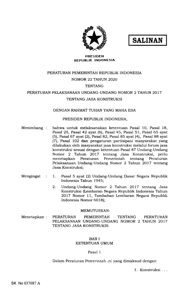 Peraturan Pemerintah Nomor 22 Tahun 2020