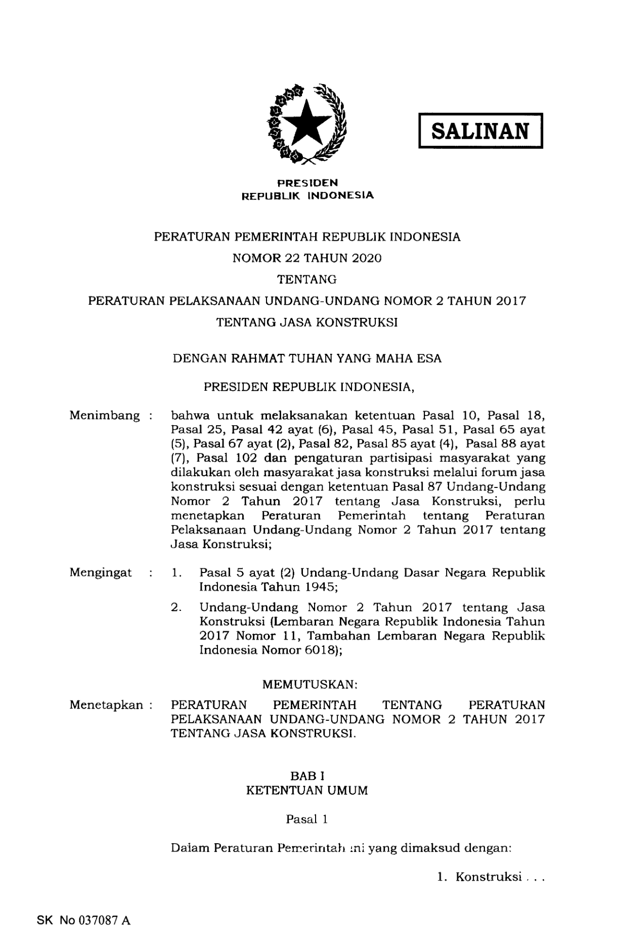 Peraturan Pemerintah Nomor 22 Tahun 2020