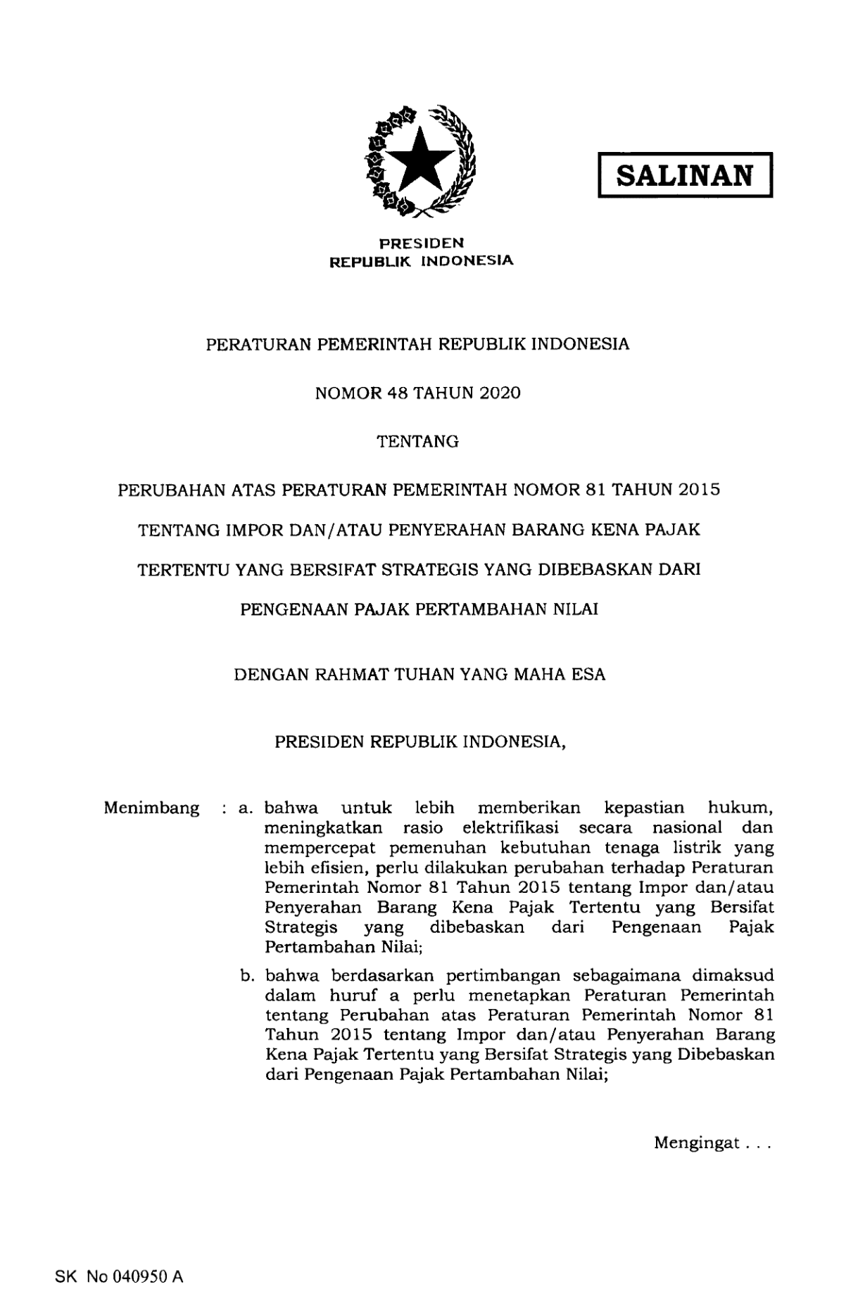 Peraturan Pemerintah Nomor 48 Tahun 2020