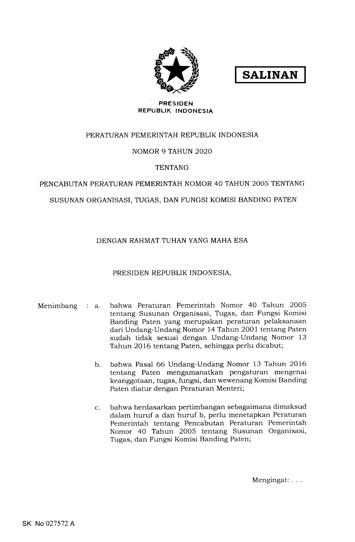 Peraturan Pemerintah Nomor 9 Tahun 2020