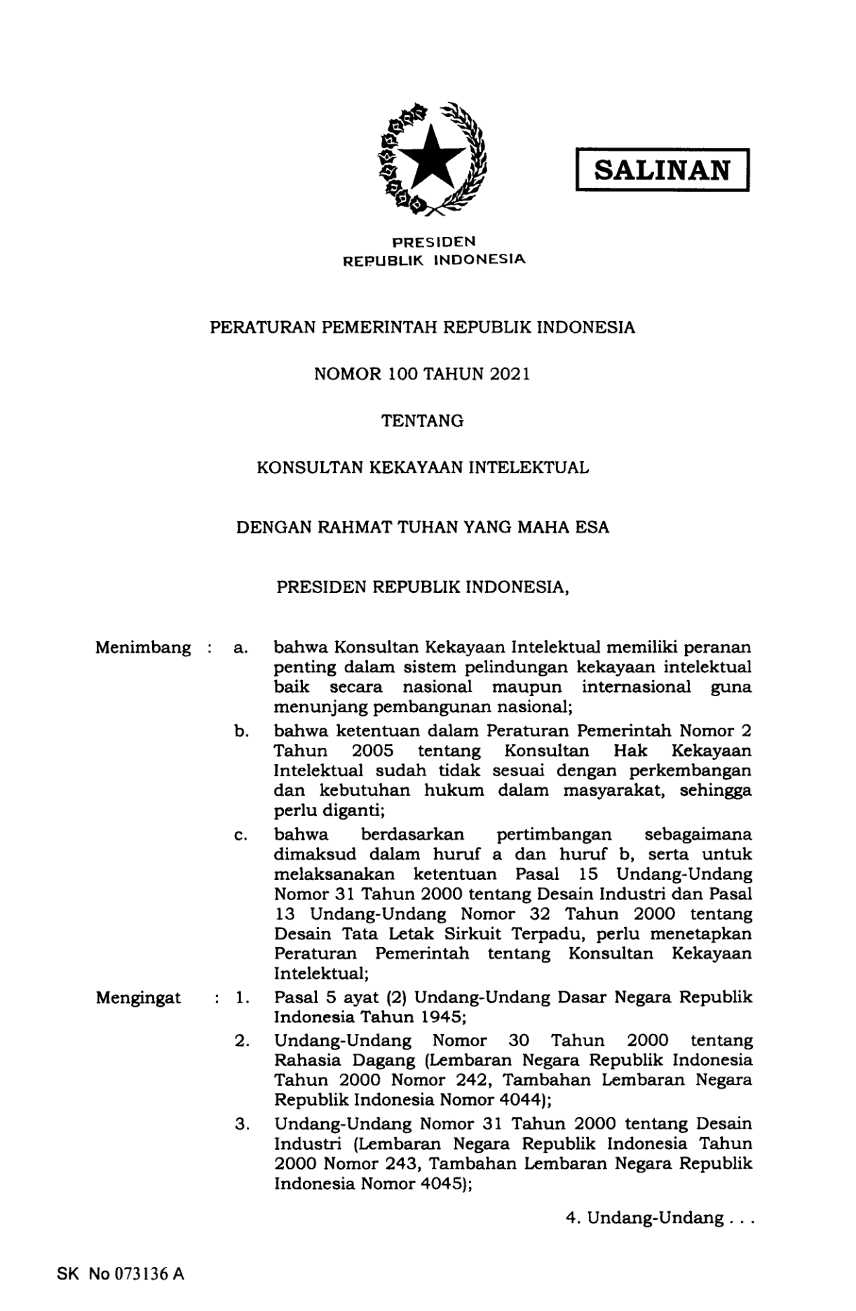 Peraturan Pemerintah Nomor 100 Tahun 2021