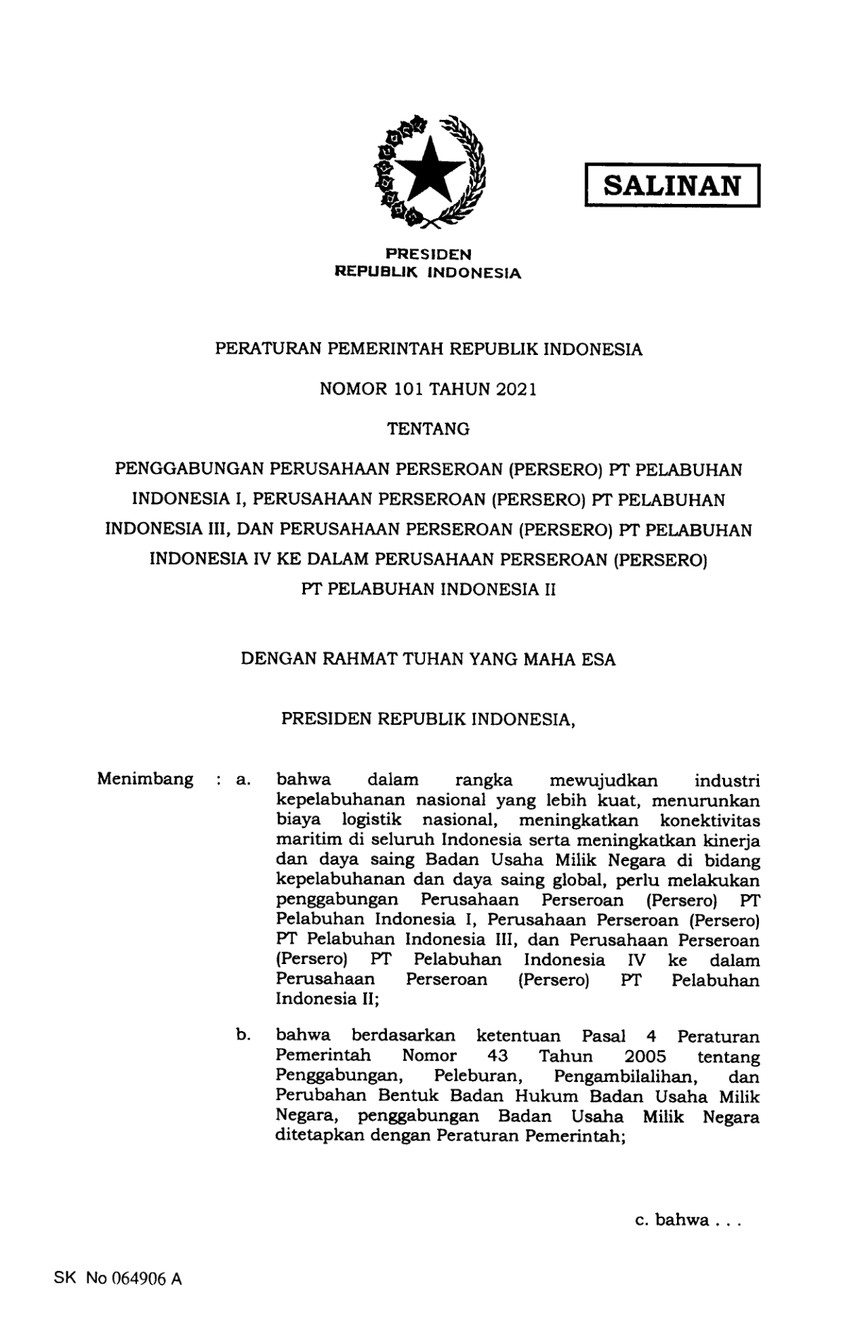 Peraturan Pemerintah Nomor 101 Tahun 2021