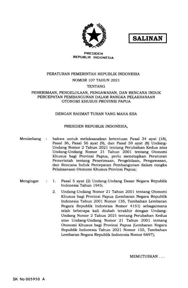 Peraturan Pemerintah Nomor 107 Tahun 2021