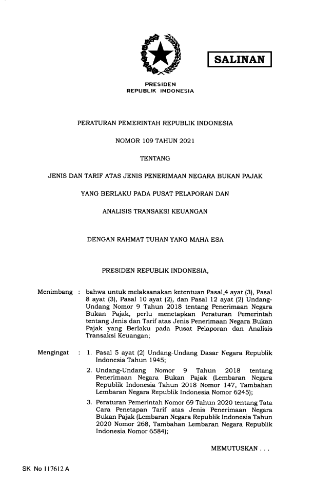 Peraturan Pemerintah Nomor 109 Tahun 2021