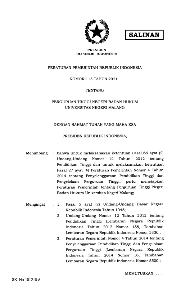 Peraturan Pemerintah Nomor 115 Tahun 2021