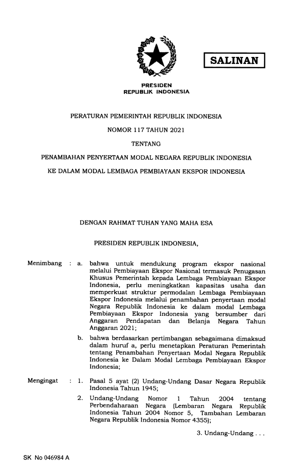 Peraturan Pemerintah Nomor 117 Tahun 2021