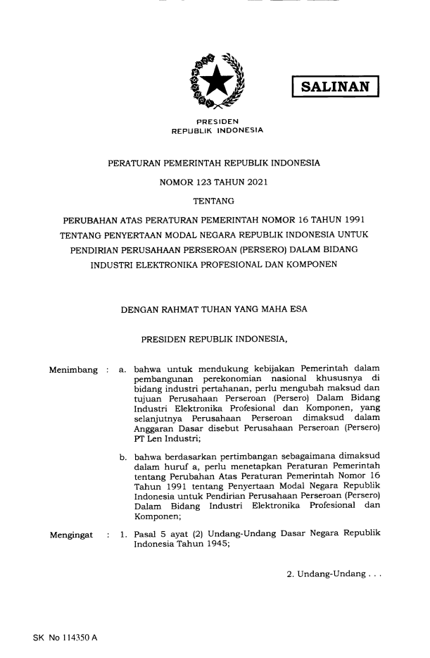 Peraturan Pemerintah Nomor 123 Tahun 2021